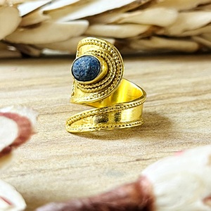 Market Favorite Boho <b>Lapis</b> <b>Lazuli</b> <b>Ring</b> Vintage Brass Band Women 18k Gold Plated Antique Tribal Bypass Shield Wholesale/OEM/ODM - Product Image 2