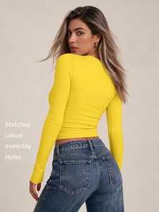 T-shirt en polyester tricoté jaune à manches courtes pour femme, coupe classique, col en V, couleur unie, décontracté, respirant, écologique, toile, printemps-été - Product Image 5