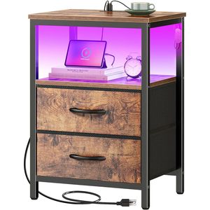 โต๊ะข้างเตียงพร้อมไฟ LED และแท่นชาร์จไฟฟ้า 2 ลิ้นชัก โต๊ะข้างเตียงผ้าหุ้ม และชั้นวางของแบบเปิด - Product Image 3