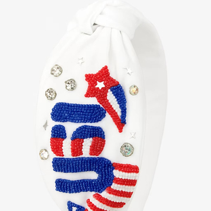 White USA Flag <b>Beaded</b> <b>Headband</b> Patriotic Theme Handmade Patriotic Crystal Embellished Hairband for Women and Girls Statement - Product Image 1