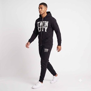 Ensemble de survêtement léger à capuche noir pour homme Twin City, sweat-shirt à fermeture éclair intégrale, style décontracté, style automne, 100% coton - Product Image 2