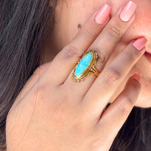 Anillo de Turquesa en Plata de Ley 925 Chapado en Oro, Anillo de Joyería Boho, Anillos de Moda, Estilo Vintage, Forma Ovalada, Anillos con Piedras Preciosas Florales - Product Image 2
