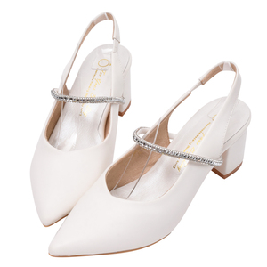 Ann'S Wholesale Women Crystal Strap Pointed Toe Slingback Pumps 5.5cm <b>Block</b> Heel Bridal Wedding Shoes - Product Image 1