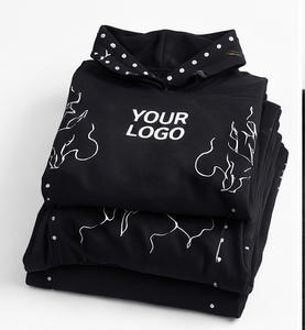 Conjunto de chándal de dos piezas para hombre, personalizado, negro, con pedrería, transpirable, informal, de invierno, con sudadera con capucha de cremallera completa y pantalones de chándal de pierna ancha - Product Image 3