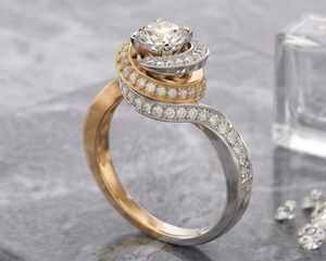 Bague de fiançailles en or bicolore avec diamant de laboratoire |   Bague solitaire Swirl Halo pour femmes |   Bijoux de Mariage de Luxe Plaqués Rhodium - Product Image 4