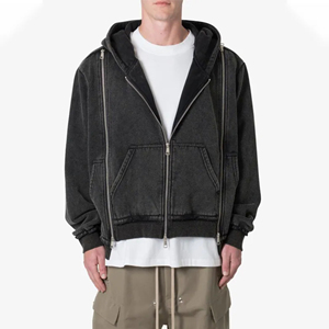 Vente en gros de sweats à capuche en denim noir délavé surdimensionnés pour hommes, avec fermeture éclair double, style streetwear, personnalisables, OEM ODM - Product Image 1