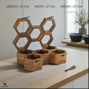 Hand Crafted Wooden Spice <b>Box</b> and Spoon, Masala <b>Box</b>, Spice Container, Salt <b>Box</b>, Dry Fruit <b>Box</b> Lid in Honeycomb - Product Image 6
