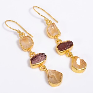 Excellent Three Stone Fancy Shape Ruby Green Kyanite Gemstone Brass <b>Earrings</b>, Indian <b>Gold</b> Plated Brass Jewelry - Product Image 3