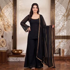 Plain Georgette <b>Top</b> Palazzo Set With Gold Lace Dupatta Full Stitched Wholesale Manufacturer - Product Image 3