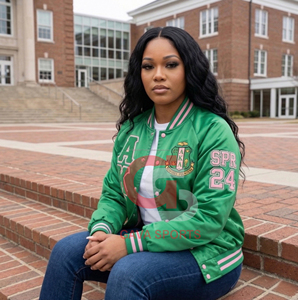 Greek Symbols AKA green <b>pink</b> womens sorority Satin bomber varsity Customizable High Quality Windbreaker lady crop womens <b>Jacket</b> - Product Image 2