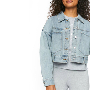 High Quality Custom Cropped Denim Jacket <b>Women</b> Winter Double Breasted Breathable Quick Dry Short Sleeve Crew Neck Street Wear - Product Image 6