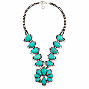 Collier en turquoise style Squash Blossom, fait main, style bohème western, collier statement massif en turquoise pour cowgirl du sud-ouest - Product Image 1