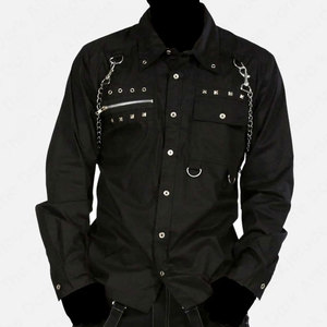 <b>Men's</b> Black Gothic Long Sleeve Shirt with Detachable Shoulder Chains, Metal Pyramid <b>Studs</b>, and Zipper Pockets - Product Image 1
