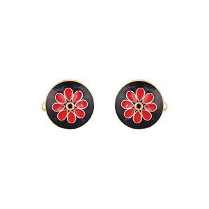 Mancuernillas Redondas de Lujo con Baño de Oro y Esmalte Negro y Rojo para Hombre, Accesorios Florales para Camisa Formal, Regalo de Boda o Negocios, Diseño Exclusivo - Product Image 1