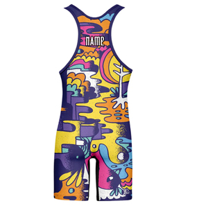 Combinaison de lutte unisexe violette ajustée en Spandex et Nylon extensible avec logo imprimé par transfert thermique sur le devant, vêtement de sport de combat - Product Image 5