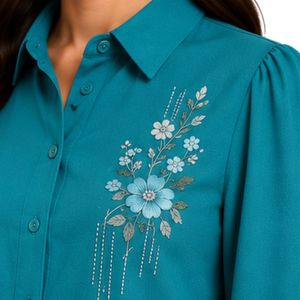 Ensemble chemisier brodé et jupe longue pour femme, bleu sarcelle et bleu piscine, manches longues, boutonnage, taille haute, tenue modeste deux pièces OEM - Product Image 4