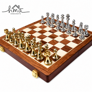 Luxury Brass <b>Chess</b> <b>Set</b> Brown Square <b>Wooden</b> Board Gold and Silver Colour Handmade Royal Strategy Game Decorative Tabletop Gift - Product Image 6