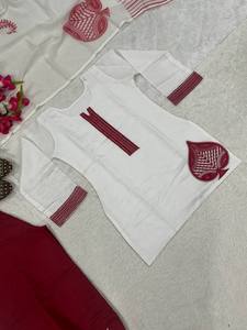 Ensemble Kurta Traditionnel Indien et Pakistanais en Coton pour Femme, avec Pantalon Rouge Brodé, Coupe Ample, Longueur Cheville, Tenue Décontractée, Séchage Rapide, Taille Unique - Product Image 4
