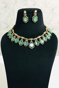 Green Oval Stone Choker Necklace Set Gold Plated Statement Fashion Jewelry with Matching Earrings for Women Party Wedding - Product Image 6