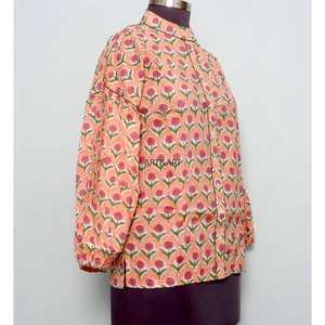 Blusa de Mujer Estilo Camisa, Diseño Floral Vintage, 100% Algodón Ecológico, Transpirable, Mangas Abullonadas, Cuello Redondo, para Verano - Product Image 4