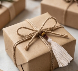 Minimalist Brown Paper Gift Box With Twine Bow And Tassel Decor For Indoor Home Use - Product Image 1