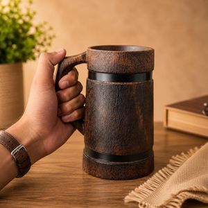 Mug en bois avec bandes métalliques, poignée de style vintage, design classique pour usage domestique, vaisselle réutilisable - Product Image 6