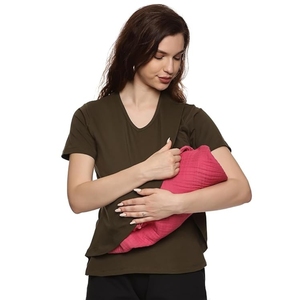 T-shirt à manches courtes col en V pour femme, couleur unie, décontracté, tricoté, 100% coton, respirant, coupe classique, toutes saisons - Product Image 1