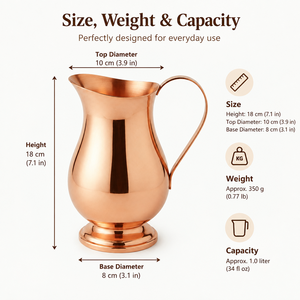 Carafe à eau en cuivre pur, moderne et minimaliste, lisse, élégante, de style ayurvédique, pour la cuisine, la table, les boissons - Product Image 5