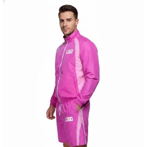 Men's Pink Color Blocking Track Suit Set With Logo Print Quick Dry Sporty Outerwear Summer Wear - Product Image 6