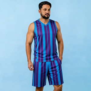 Men's Blue And Purple Striped Tank Top And Shorts <b>Set</b> V-Neck Quick Dry <b>Knitted</b> Polyester Sporty Summer Outfit - Product Image 1