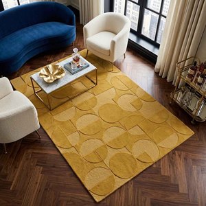 Tapis en laine tufté à la main jaune moutarde, motif géométrique abstrait moderne en cercles, pour salon, chambre, tapis décoratif sur mesure - Product Image 4