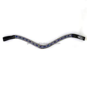 Banda de ceja de caballo de cuero inglés negro con forma de onda personalizada con 3 filas de cristales azules y blancos Cadena de diamante banda de CEJA ostentosa - Product Image 4