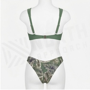 Green <b>Square</b> <b>Neck</b> Bikini Set With Ruched Bandeau Top And Tropical Leaf Print Hipster Bottoms - Product Image 2