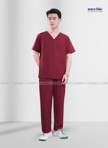 Men's Maroon Scrub Set V-Neck Short Sleeve Hospital Uniform Woven Polyester rayon Pants Included - Product Image 3