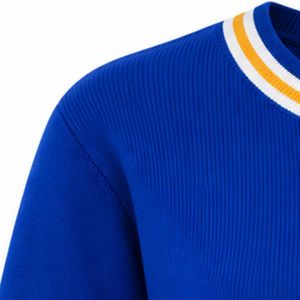 Royal Blue Women's Crewneck Sweater with Gold Script Graphic 1922 Design White Gold Striped Cuffs Knit Pullover Casual Wear - Product Image 5