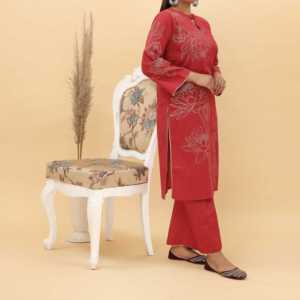 Conjunto de 2 Piezas de Pantalones de Traje para Mujer, Talla S, Color Granate, Estampado, Algodón Cambray, Modelo PS5112 - Product Image 2