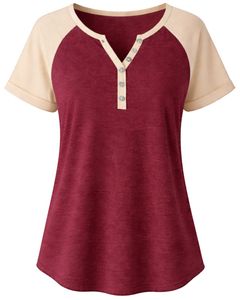 T-shirt pour femme beige bordeaux à manches courtes, col Henley, manches raglan, coton doux, décontracté, respirant, confortable, à porter au quotidien - Product Image 1