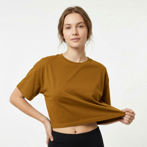 Women's Crew Neck <b>Crop</b> T-Shirt Short Sleeve Boxy Fit Jersey Cotton Oversized Streetwear T-Shirt Custom Logo OEM Service - Product Image 1