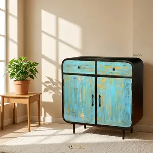 Vintage Style Rustic Blue Distressed Wood Cabinet with Iron Trim 2 Doors 2 <b>Drawers</b> <b>Antique</b> Storage Buffet Wholesale Manufacturer - Product Image 5