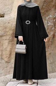 Elegant Black Pleated Belted <b>Abaya</b> with Button Front Design | Modern Luxury Modest Fashion for <b>Women</b> - Product Image 5