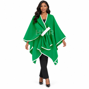 HMR Sorority Sisterhood Green Asymmetric Poncho V-Neck Batwing Sleeve Long <b>Cloak</b> With White Trim And Bow Closure - Product Image 1