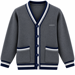 Wholesale Custom Winter <b>Men's</b> School <b>Cardigan</b> Knit Sweater V Neck Button Front with Logo Solid Ribbing - Product Image 2