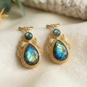 Factory Supply 925 <b>Sterling</b> <b>Silver</b> Natural Labradorite Drop Earrings 18K Gold Plated 5 Inch 16g Round 8mm Pear Shape Wholesale - Product Image 1