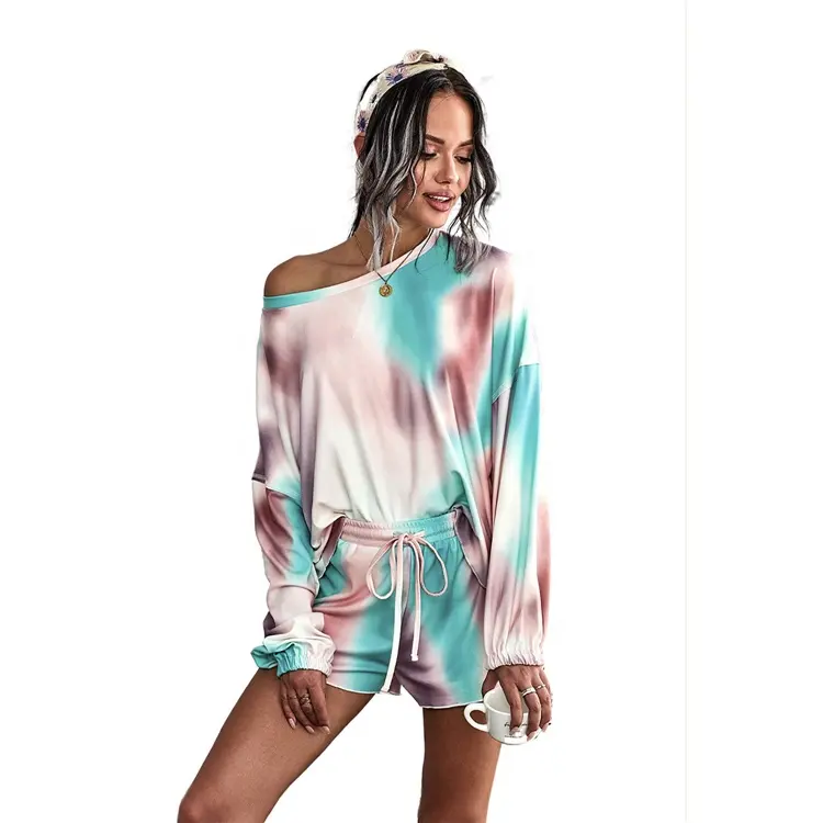 High street drop shoulder long sleeve tie dye oversized hip hop women's sleepwear cotton jersey apparel sexy tie dye shorts set