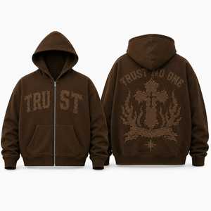 Trust No One Distressed Embroidery Zip-Up Hoodie Oversized Heavyweight Distressed Letter Hoodie Full Zip Hoodie - Product Image 5