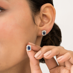14K Real Yellow Gold Octagon Shape <b>Blue</b> Sapphire & Round Cut Diamond Cluster <b>Stud</b> <b>Earrings</b> Everyday Wear Women & Girls Jewelry - Product Image 2