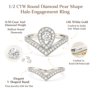 Bague de fiançailles en or blanc 14 carats avec halo de diamants ronds et en forme de poire, 1/2 CTW |   Bague en forme de V pour femme, bijoux fins, cadeau élégant - Product Image 5