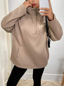 Custom Logo <b>Women's</b> Beige <b>Quarter</b> <b>Zip</b> Hoodies Cotton Fleece Oversized High Neck Drop Shoulder Casual Streetwear Manufacturer - Product Image 3