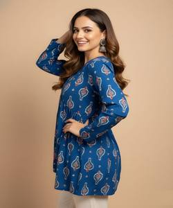 เสื้อคุर्ติผ้าเรยอนคอตตอนพิมพ์ลายวาดมือสุดฮิต สำหรับใส่ทุกวัน สไตล์ชาติพันธุ์ สีฟ้า - Product Image 2