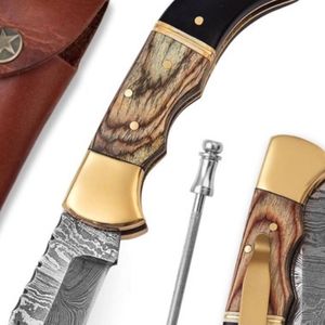 Cuchillos Plegables de Acero de Damasco para Exteriores, Hechos a Mano, para Bolsillo, Camping, Caza, Uso Diario, Coleccionables, con Mango Curvo Decorativo - Product Image 2
